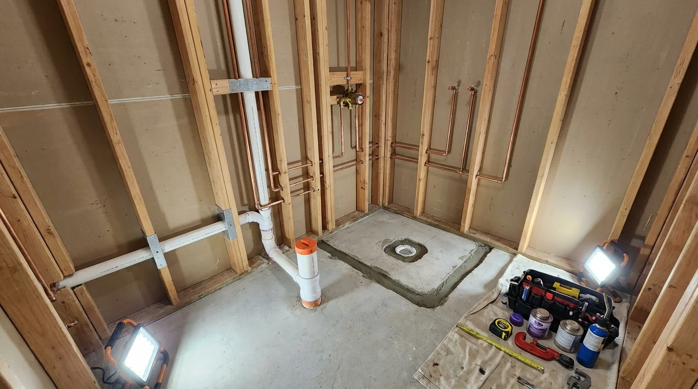 Bathroom rough-in plumbing during remodel by Johns Plumbing LLC in Logansport