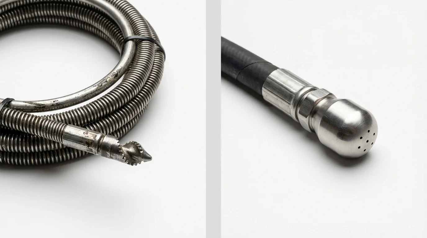 Drain snake cable and hydro jetting nozzle used for drain cleaning in Logansport, IN