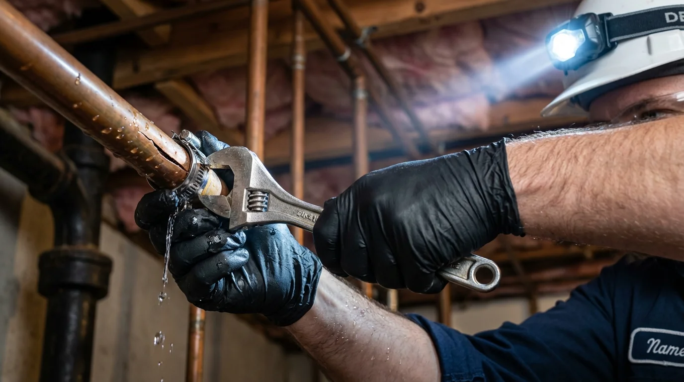 Emergency pipe clamp repair being performed by a Johns Plumbing LLC plumber in Logansport