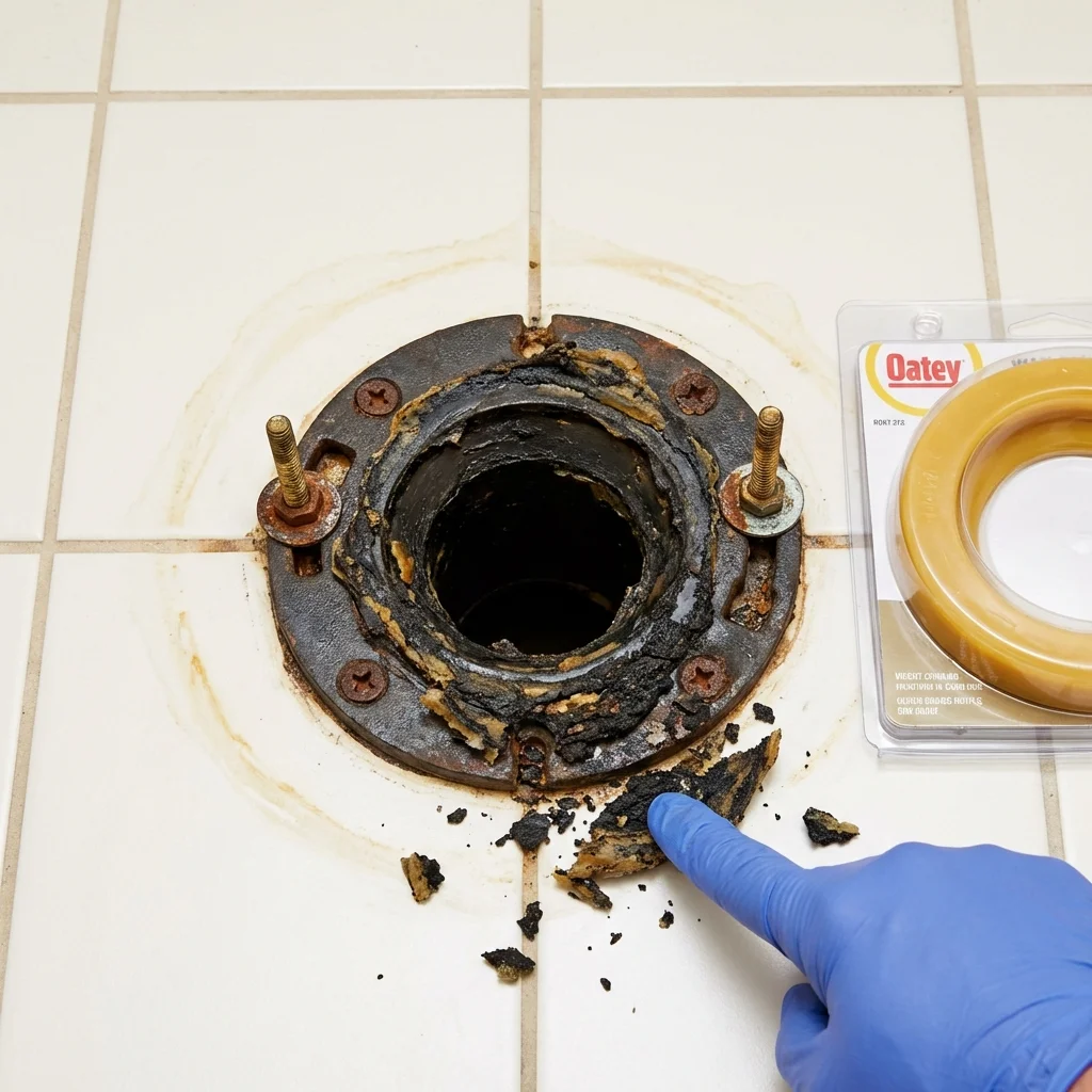 Failed wax ring showing water seepage at the base of a toilet in a Logansport, IN home
