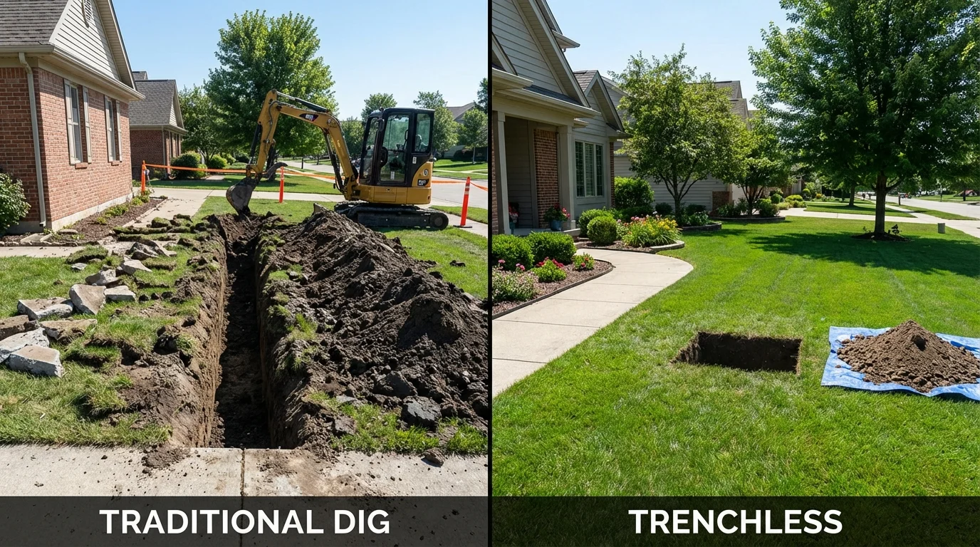 Trenchless sewer repair with minimal yard damage versus traditional excavation in Logansport, IN