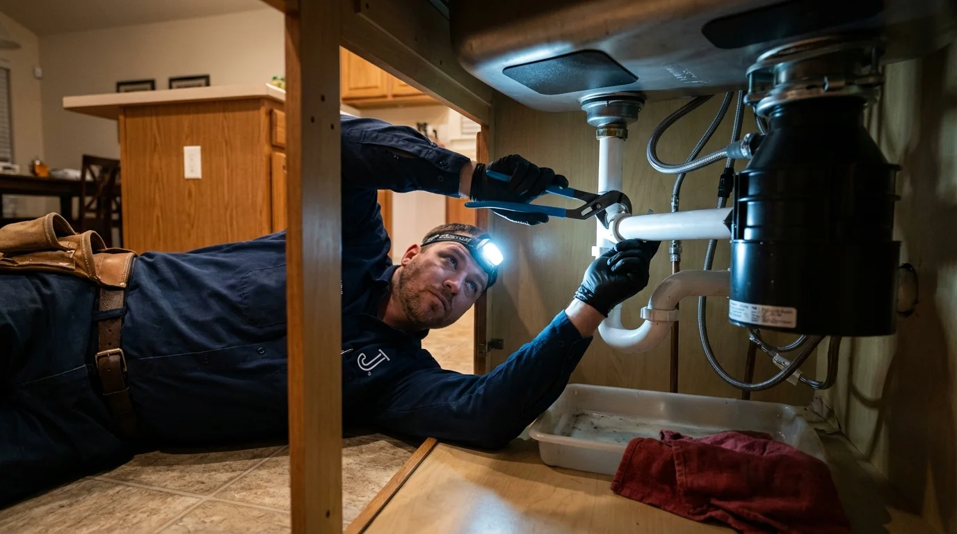 P-trap and supply line connections under a kitchen sink showing a common leak point in Logansport, IN